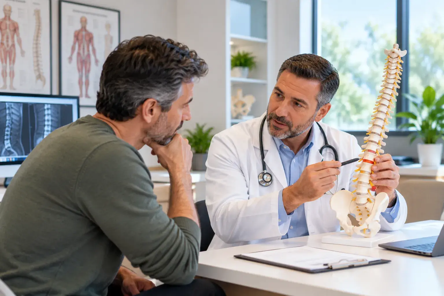 Doctor's hand touching skeleton model placeholder