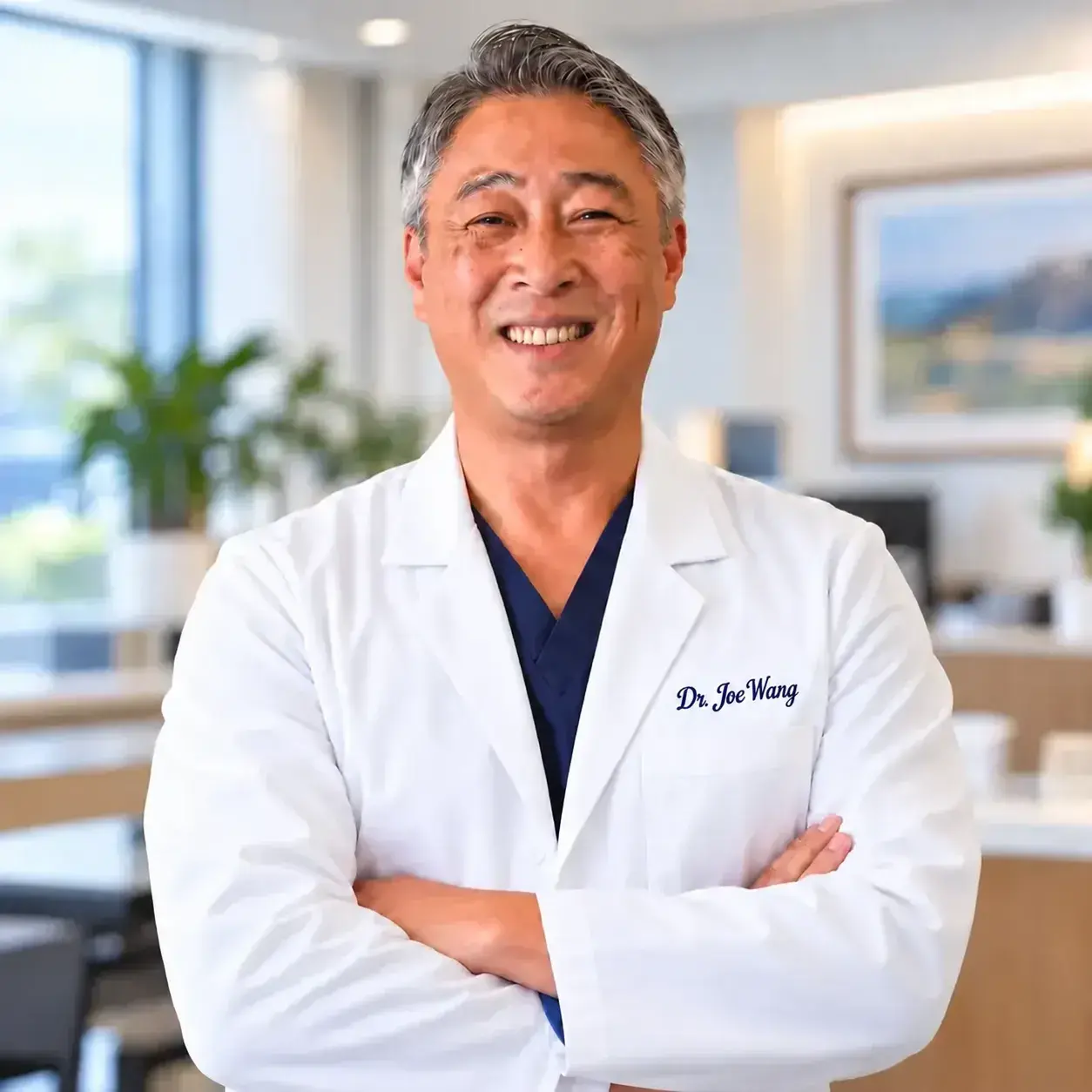 Dr. Joe C. Wang, D.C., smiling in a clinic scrub top embroidered with his name