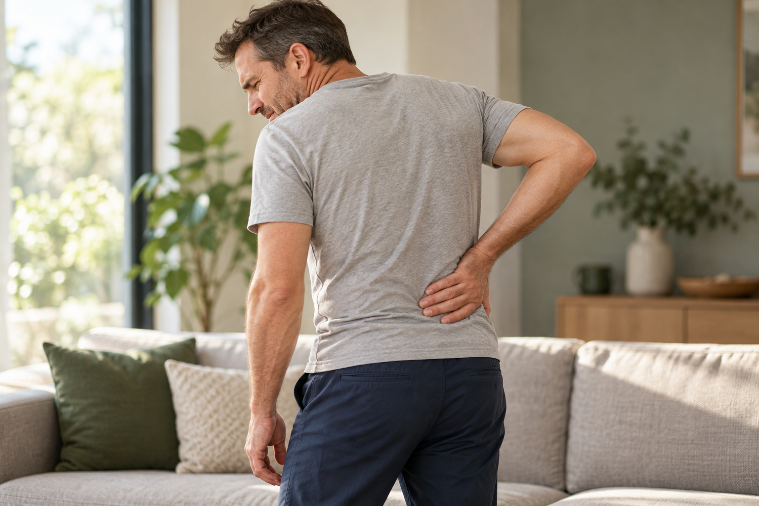 Person outdoors holding their lower back in pain